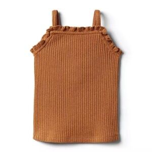 JANIE AND JACK RIBBED RUFFLE TRIM TOP in soft caramel , 18-24
